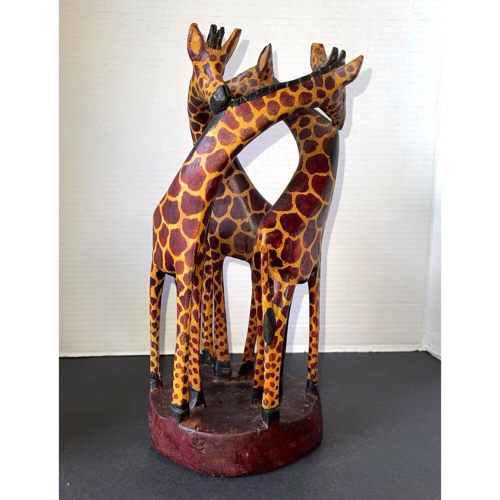 Hand Carved Stained Wooden Giraffe Figurine Group Sculpture on Base